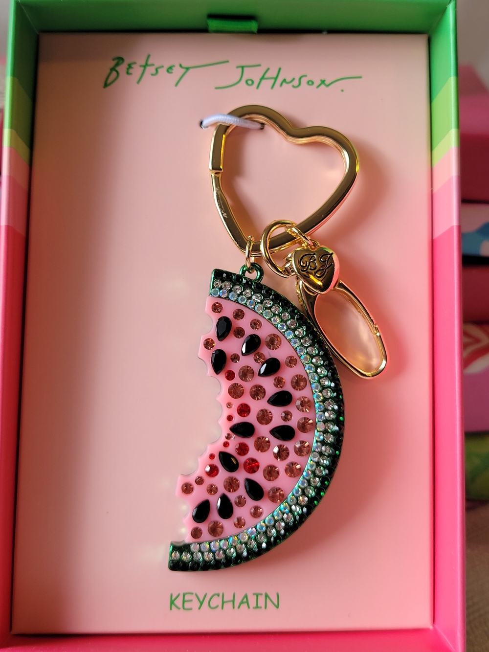 Betsey Johnson Pink Watermelon Slice Keychain with Gold Hardware